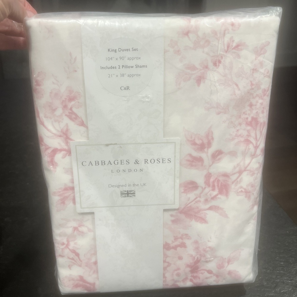 New Cabbages & Roses London Luxe 3 Pc King Duvet Set Floral Alderney Raspberry
